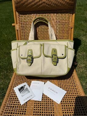 Rare Vintage Y2K COACH Garden Tote - Cream Canvas & Green Leather Trim - Preppy